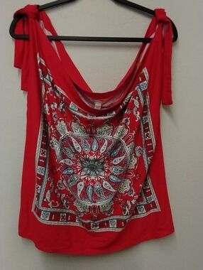 Cato Red Boho Tie-Shoulder Tank with Medallion Print